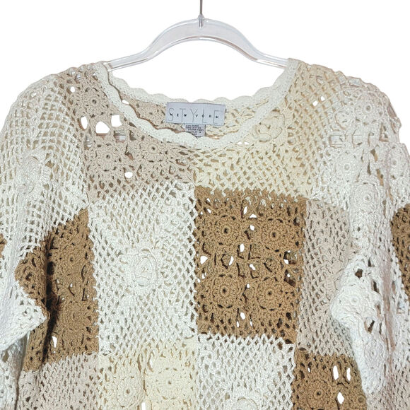 STYLE New York Crochet Tunic Sweater Tan Beige Casual Boho Beach Coverup S - Picture 2 of 16